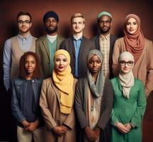 Capturing the richness of diversity, the photograph features individuals from ten different races and cultures adorned in Muslim attire, showcasing a harmonious blend of ethnicities photo