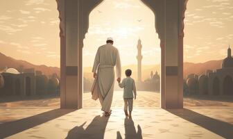 Father and Son in Ihram at a Sacred Site During Their Pilgrimage.Generated image photo