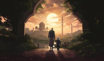 Father and Son in Ihram at a Sacred Site During Their Pilgrimage.Generated image photo