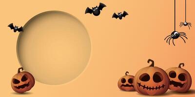 Abstract 3 dimension circle frame paper cut style with Halloween pumpkins, bats and spiders on orange background graphic illustration have blank space. vector