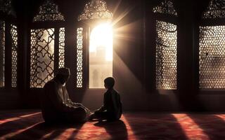 Father and Son in Ihram at a Sacred Site During Their Pilgrimage.Generated image photo