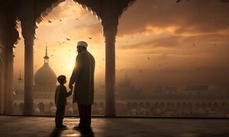 Father and Son in Ihram at a Sacred Site During Their Pilgrimage.Generated image photo