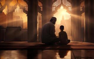 Father and Son in Ihram at a Sacred Site During Their Pilgrimage.Generated image photo