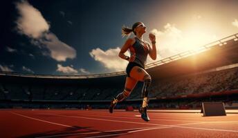 Girl with a Prosthetic Leg Running on an Athletic Track, Showcasing Resilience and Athleticism.Generated image photo