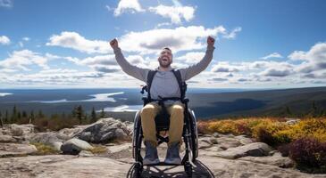 Person in a Wheelchair Enjoying the Tranquility of a Meadow on a Sunny Day.Generated image photo