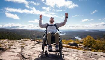 Person in a Wheelchair Enjoying the Tranquility of a Meadow on a Sunny Day.Generated image photo