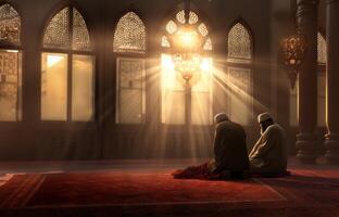 Muslim couple in traditional attire engaged in prayer, illuminated by sunlight streaming through the window, embodying devotion and spirituality.Generated image photo