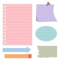 Blank notebook page template design. Sticky note, paper sheets with pin and torn paper for memo, reminder, to do list and information. vector