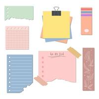 Blank notebook page template design. Sticky note, paper sheets with pin and torn paper for memo, reminder, to do list and information. vector