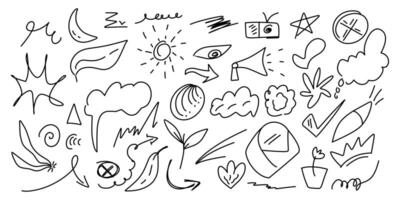 Lines doodle art collection. Line art of arrows, circles, curves, check mark isolated on white background for infographic or template design. vector