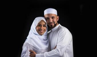 Portrait of a Muslim couple in white Ihram garments at a sacred site, reflecting their devotion and unity during pilgrimage.Generated image photo