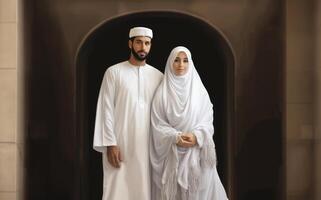 Portrait of a Muslim couple in white Ihram garments at a sacred site, reflecting their devotion and unity during pilgrimage.Generated image photo