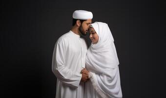 Portrait of a Muslim couple in white Ihram garments at a sacred site, reflecting their devotion and unity during pilgrimage.Generated image photo