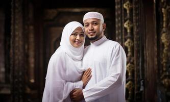 Portrait of a Muslim couple in white Ihram garments at a sacred site, reflecting their devotion and unity during pilgrimage.Generated image photo