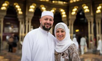Portrait of a Muslim couple in white Ihram garments at a sacred site, reflecting their devotion and unity during pilgrimage.Generated image photo