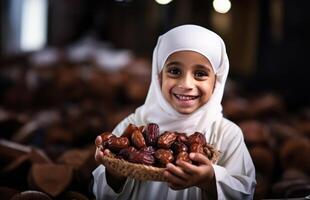 Portrait of Islamic children holding dates in their hands, symbolizing faith and tradition..Generated image photo