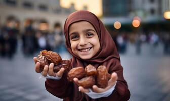 Portrait of Islamic children holding dates in their hands, symbolizing faith and tradition..Generated image photo