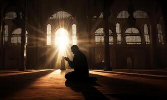 Silhouettes of a Muslim man and woman praying at a sacred site, bathed in the golden light of sunrise and sunset.Generated image photo