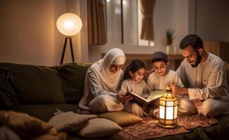 Muslim family gathered at home, reading and learning the Quran together with their children, reflecting their devotion and unity..Generated image photo