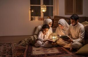 Muslim family gathered at home, reading and learning the Quran together with their children, reflecting their devotion and unity..Generated image photo