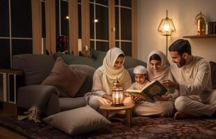 Muslim family gathered at home, reading and learning the Quran together with their children, reflecting their devotion and unity..Generated image photo