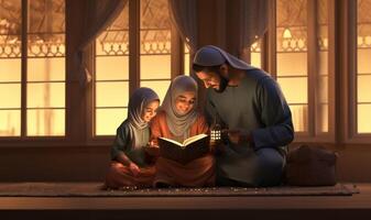 Muslim family gathered at home, reading and learning the Quran together with their children, reflecting their devotion and unity..Generated image photo