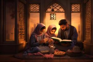 Muslim family gathered at home, reading and learning the Quran together with their children, reflecting their devotion and unity..Generated image photo