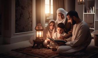 Muslim family gathered at home, reading and learning the Quran together with their children, reflecting their devotion and unity..Generated image photo