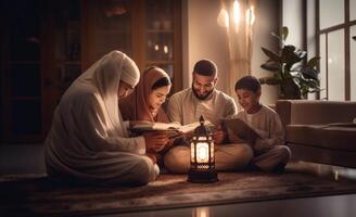 Muslim family gathered at home, reading and learning the Quran together with their children, reflecting their devotion and unity..Generated image photo