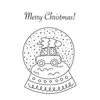 Merry Christmas greeting card in doodle style. Hand drawn snow globe with car and Christmas tree greeting card vector