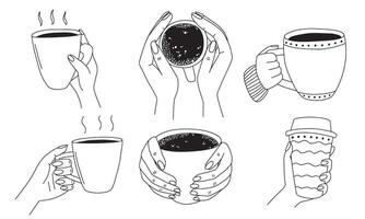 Coffee in hands black and white sketches set. Hand drawn hot coffee in hands set vector