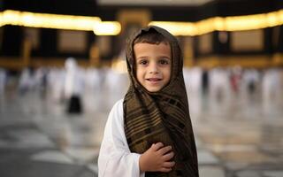 Portraits of Muslim children in pilgrimage attire at the sacred Kaaba, reflecting devotion and spiritual unity..Generated image photo