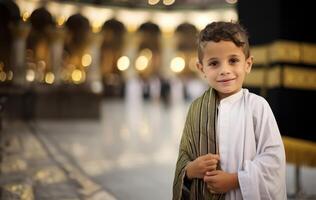 Portraits of Muslim children in pilgrimage attire at the sacred Kaaba, reflecting devotion and spiritual unity..Generated image photo