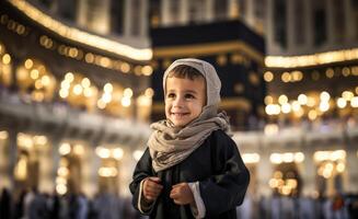Portraits of Muslim children in pilgrimage attire at the sacred Kaaba, reflecting devotion and spiritual unity..Generated image photo