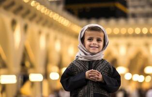 Portraits of Muslim children in pilgrimage attire at the sacred Kaaba, reflecting devotion and spiritual unity..Generated image photo