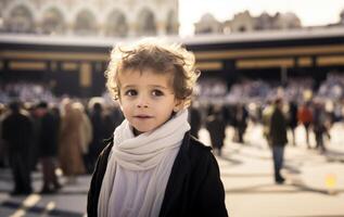 Portraits of Muslim children in pilgrimage attire at the sacred Kaaba, reflecting devotion and spiritual unity..Generated image photo