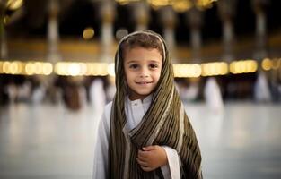 Portraits of Muslim children in pilgrimage attire at the sacred Kaaba, reflecting devotion and spiritual unity..Generated image photo