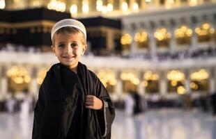 Portraits of Muslim children in pilgrimage attire at the sacred Kaaba, reflecting devotion and spiritual unity..Generated image photo