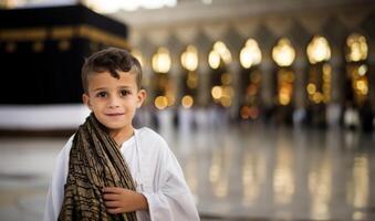 Portraits of Muslim children in pilgrimage attire at the sacred Kaaba, reflecting devotion and spiritual unity..Generated image photo