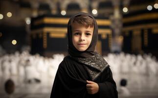 Portraits of Muslim children in pilgrimage attire at the sacred Kaaba, reflecting devotion and spiritual unity..Generated image photo