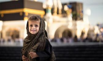 Portraits of Muslim children in pilgrimage attire at the sacred Kaaba, reflecting devotion and spiritual unity..Generated image photo
