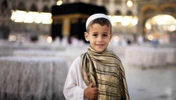 Portraits of Muslim children in pilgrimage attire at the sacred Kaaba, reflecting devotion and spiritual unity..Generated image photo