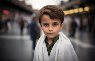 Portraits of Muslim children in pilgrimage attire at the sacred Kaaba, reflecting devotion and spiritual unity..Generated image photo