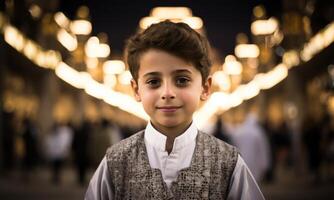 Portraits of Muslim children in pilgrimage attire at the sacred Kaaba, reflecting devotion and spiritual unity..Generated image photo
