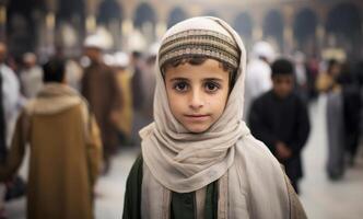 Portraits of Muslim children in pilgrimage attire at the sacred Kaaba, reflecting devotion and spiritual unity..Generated image photo
