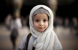Portraits of Muslim children in pilgrimage attire at the sacred Kaaba, reflecting devotion and spiritual unity..Generated image photo