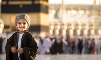 Portraits of Muslim children in pilgrimage attire at the sacred Kaaba, reflecting devotion and spiritual unity..Generated image photo