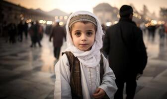 Portraits of Muslim children in pilgrimage attire at the sacred Kaaba, reflecting devotion and spiritual unity..Generated image photo