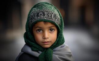Portraits of Muslim children in pilgrimage attire at the sacred Kaaba, reflecting devotion and spiritual unity..Generated image photo