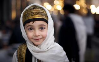 Portraits of Muslim children in pilgrimage attire at the sacred Kaaba, reflecting devotion and spiritual unity..Generated image photo
